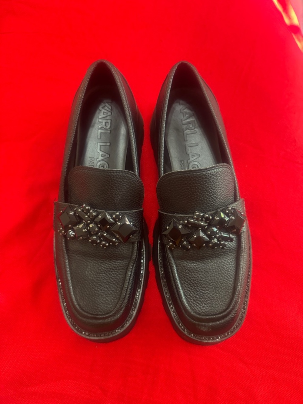 Karl Lagerfeld Black Jeweled Pebbled Leather Loafers